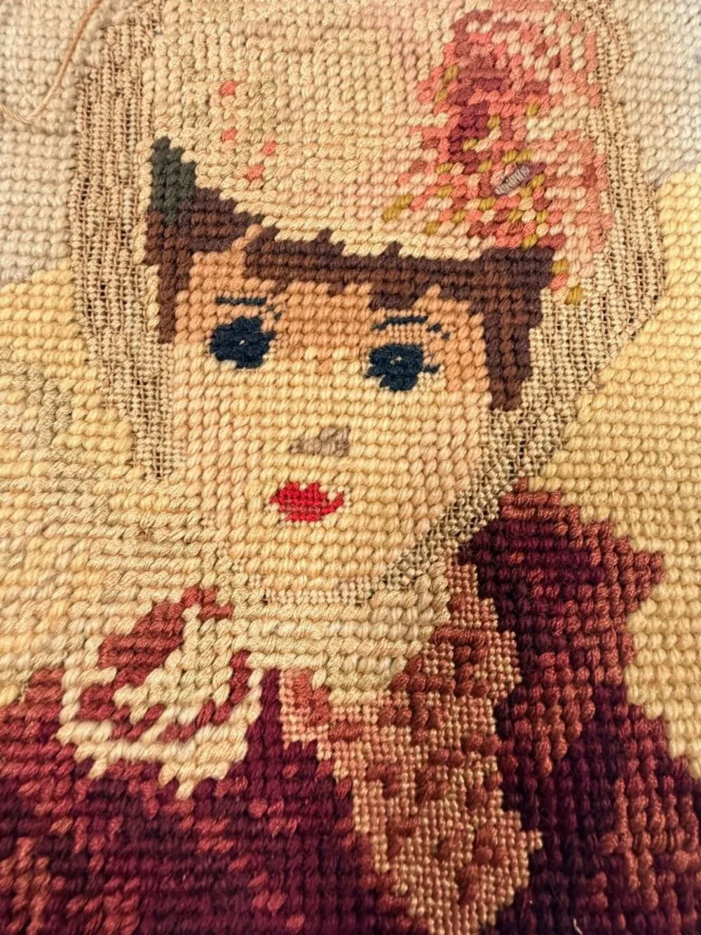 Vintage 3D Intricate Victorian Needlepoint Portrait Lady, Red Lips, Hat 6x8